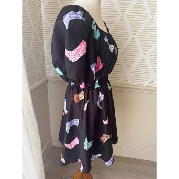 Peach Love Women’s Large Cowgirl Let’s Go Girls Black Boot Puff Sleeve Dress - Picture 5 of 5